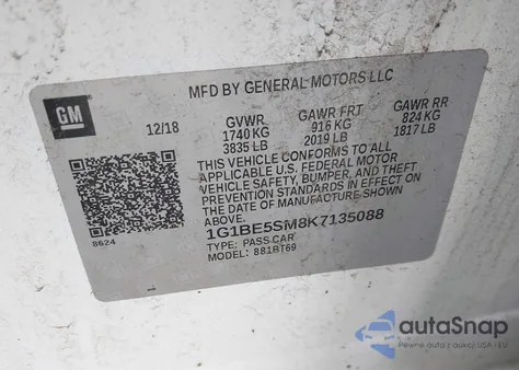 2019 Chevrolet Cruze Lt from USA, damaged, VIN 1G1BE5SM8K7135088